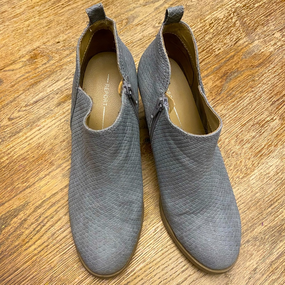Report faux leather stacked heel booties in grey snake skin texture